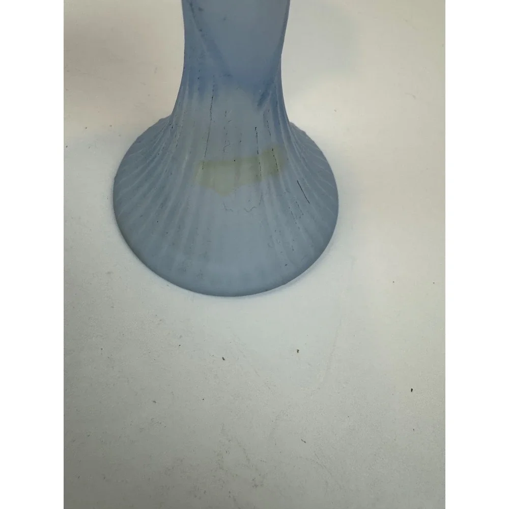 Vintage Frosted Blue Glass Tulip Candlestick Holders Ribbed Pair Set of 2 FLAW